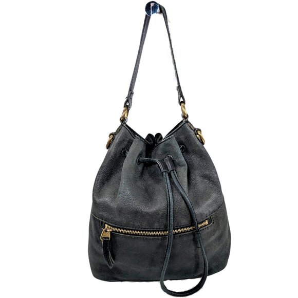 Fossil Vickery Black Leather Drawstring Bucket Shoulder Bag Boho Purse - Picture 1 of 9